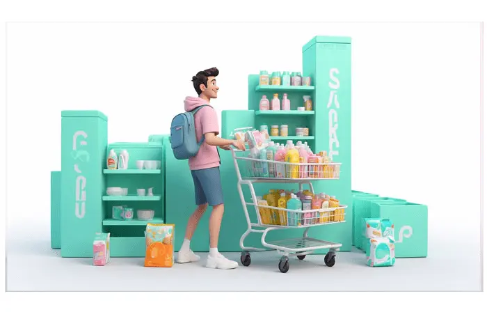 Boy Shopping in Supermarket 3D Design Art Illustration